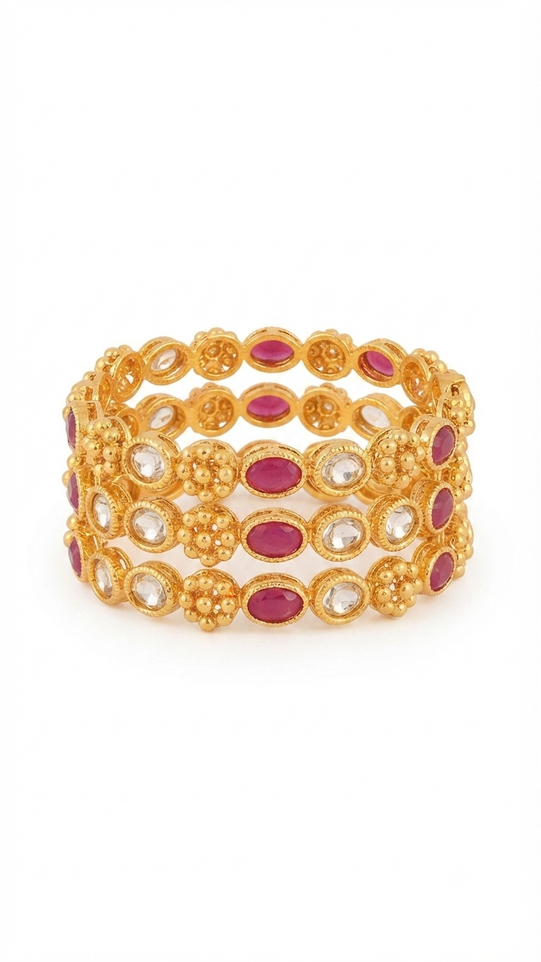 Antique Gold-Plated Ruby and Polki Stone Stackable Bangles