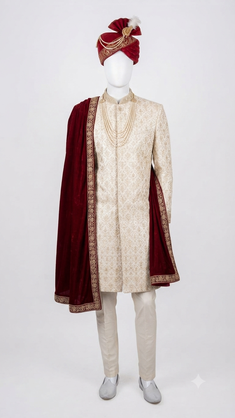 Cream and Maroon Traditional Sherwani Set