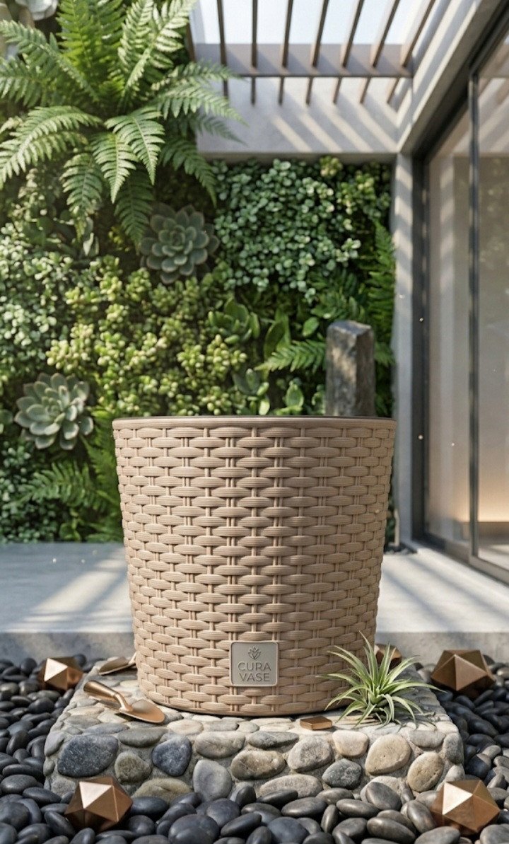 Classic Rattan-Weave Cylindrical Planter