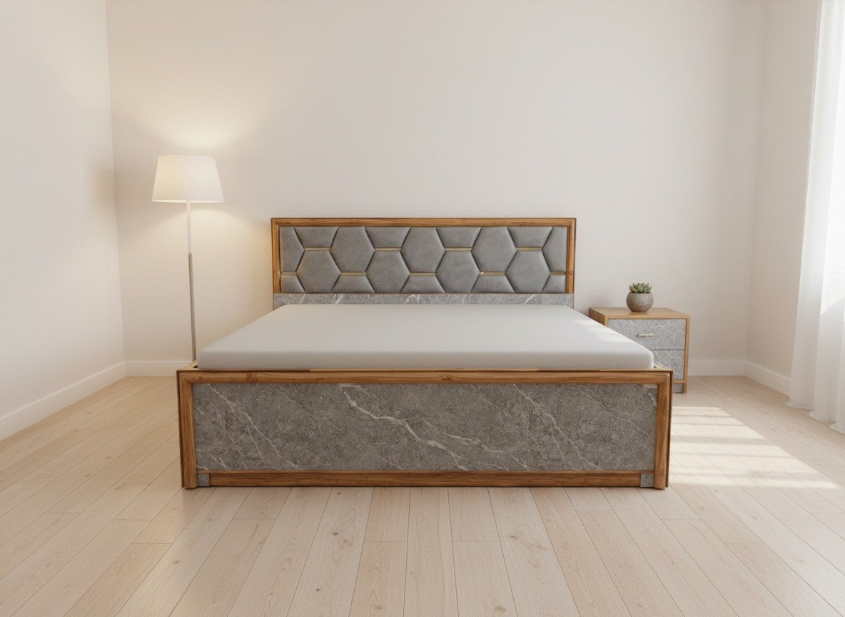 Modern wooden bed with marble panel