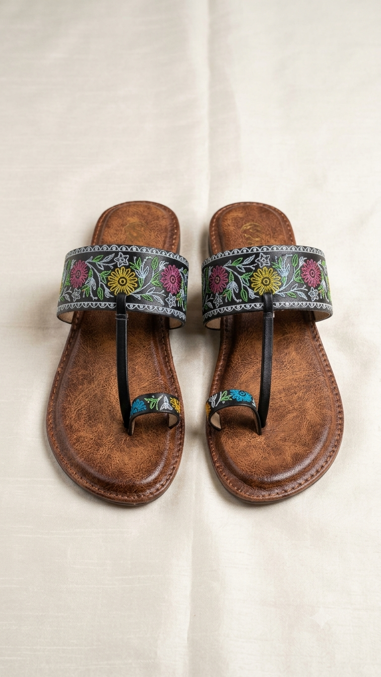 Women’s Ethnic Floral Embroidered One-Toe Kolhapuri Flat Sandals