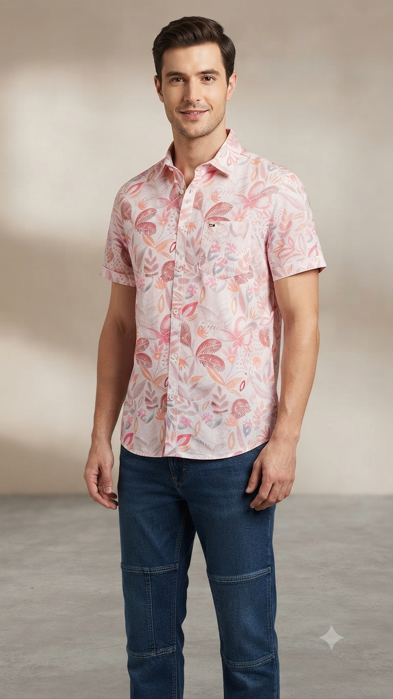 Men's Pink Leaf Print Resort Shirt & Blue Utility Jeans Ensemble