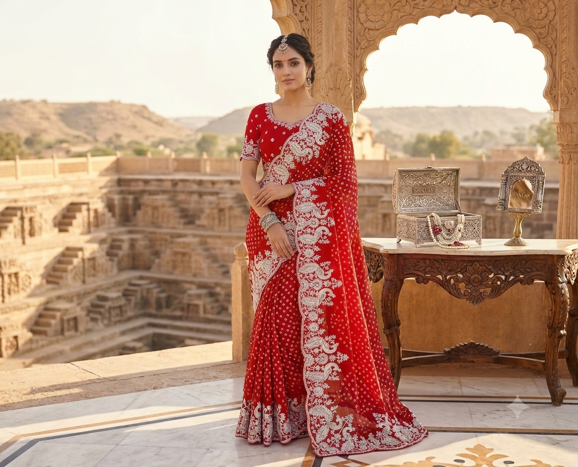 Traditional Red Bandhani Saree with Heavy Silver Zari & Sequin Embroidery