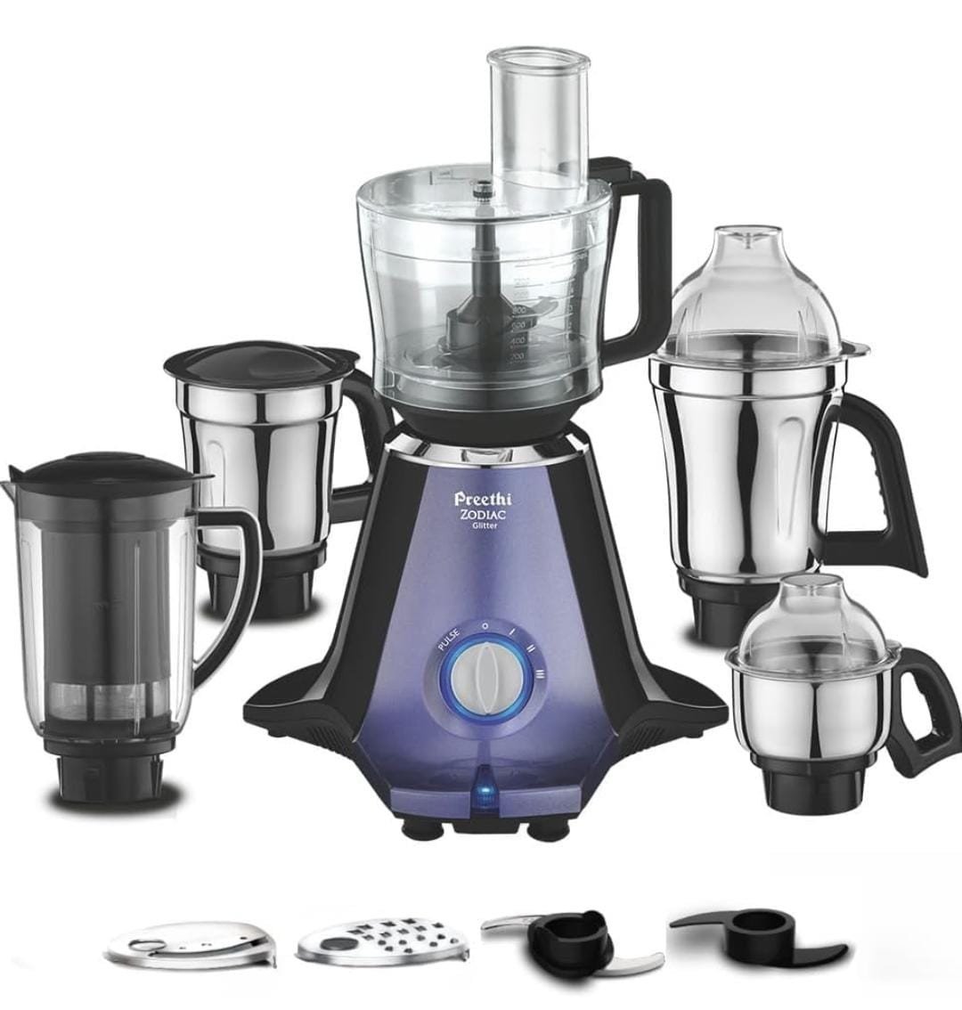 Preethi Zodiac Glitter 750W Mixer Grinder with 5 Jars (Food Processor, SS Jars & Juicer) – Atta Kneading & Heavy-Duty Grinding