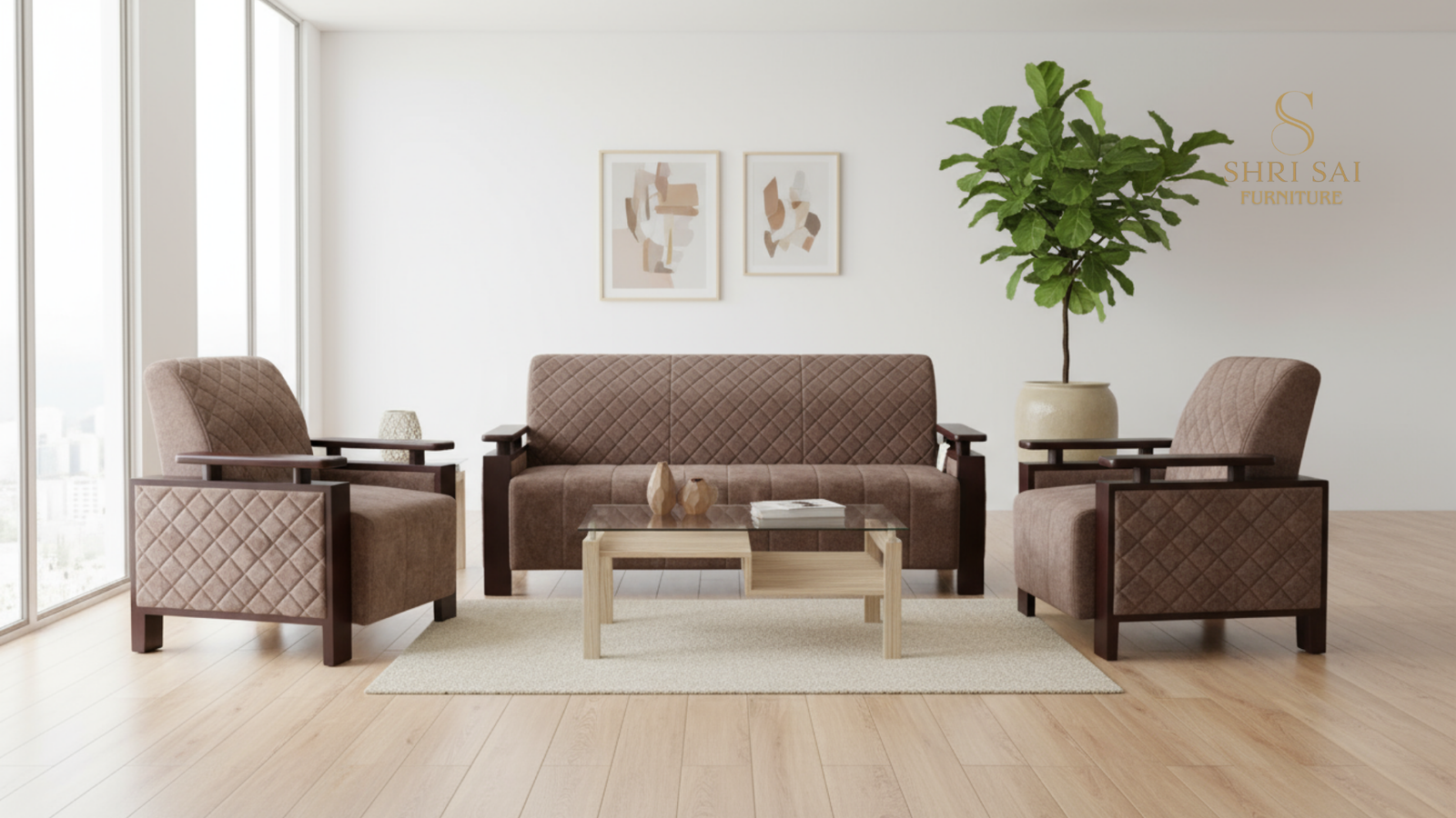 Shri Sai Furniture 'Earthy Harmony' Modern 5-Seater Wooden Sofa Set