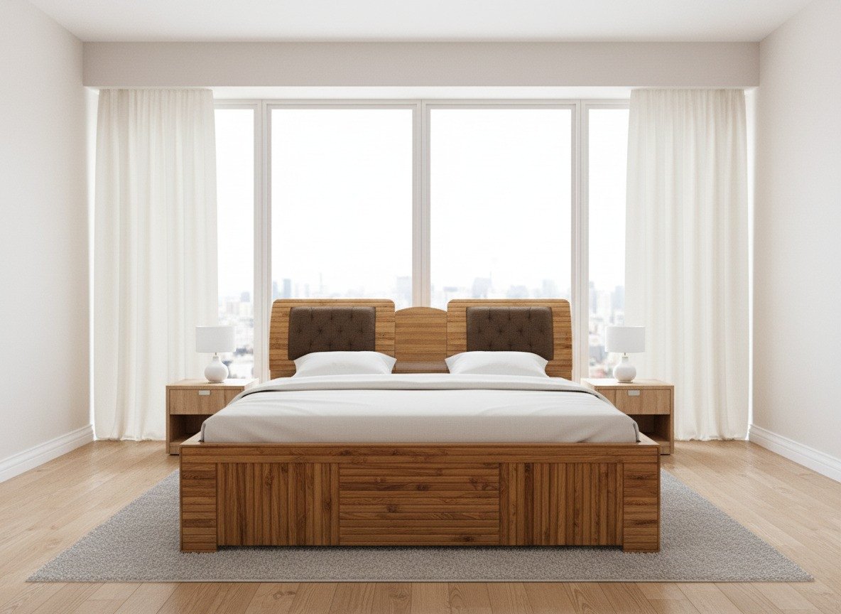 Contemporary Wooden Bed with Cushioned Headboard