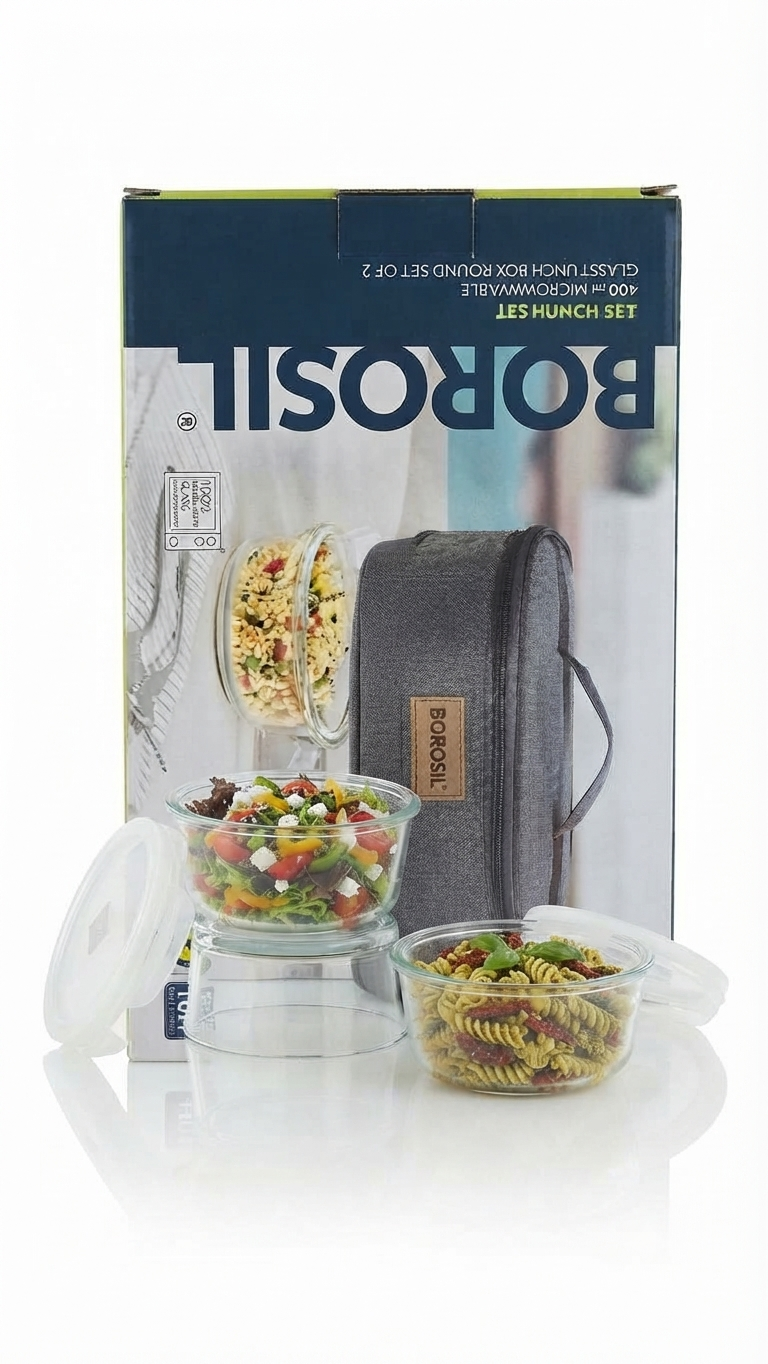 Borosil Pro Lunch Set – 400 ml Microwavable Glass Lunch Box (Round, Set of 2) with Insulated Bag