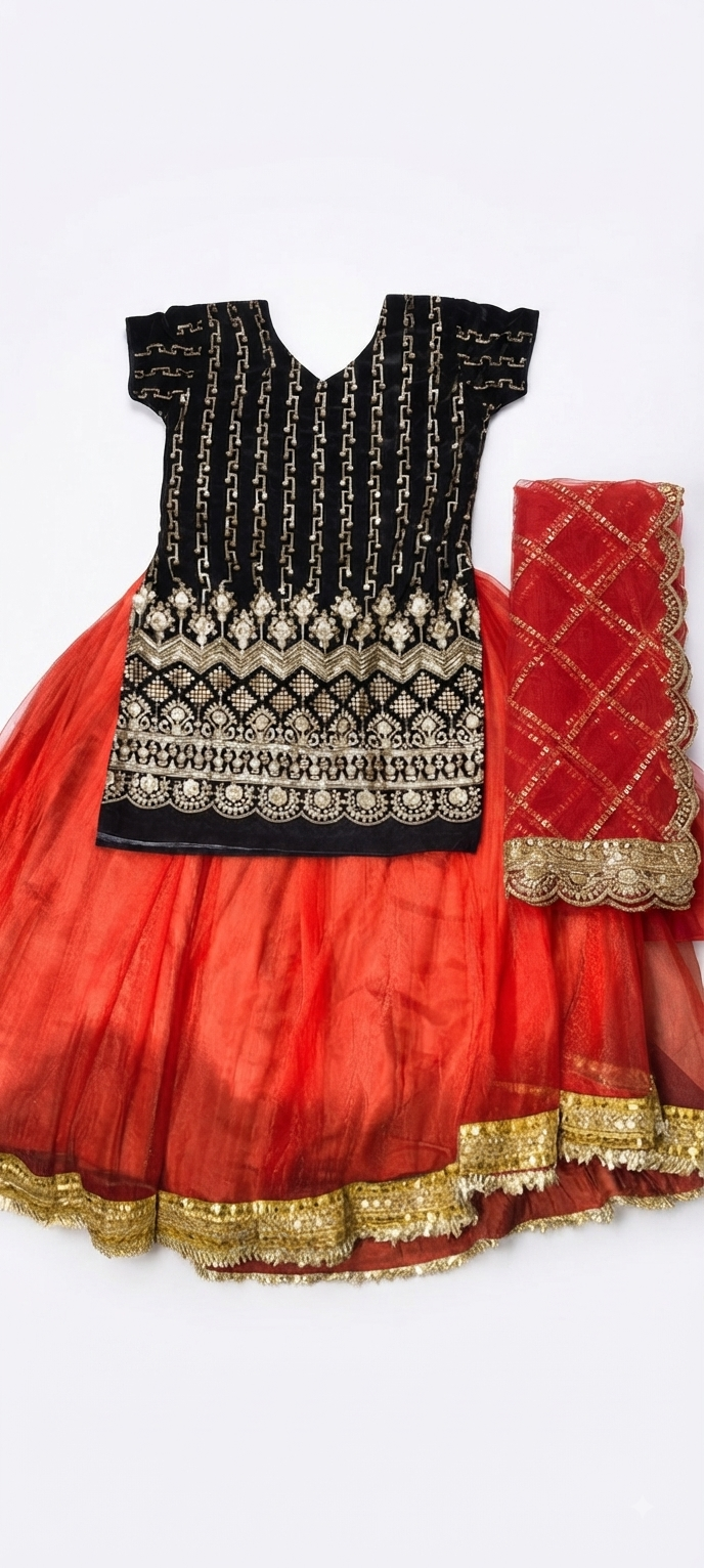 Elegance Black and Red Zari-Embroidered Velvet Chaniya Choli Set