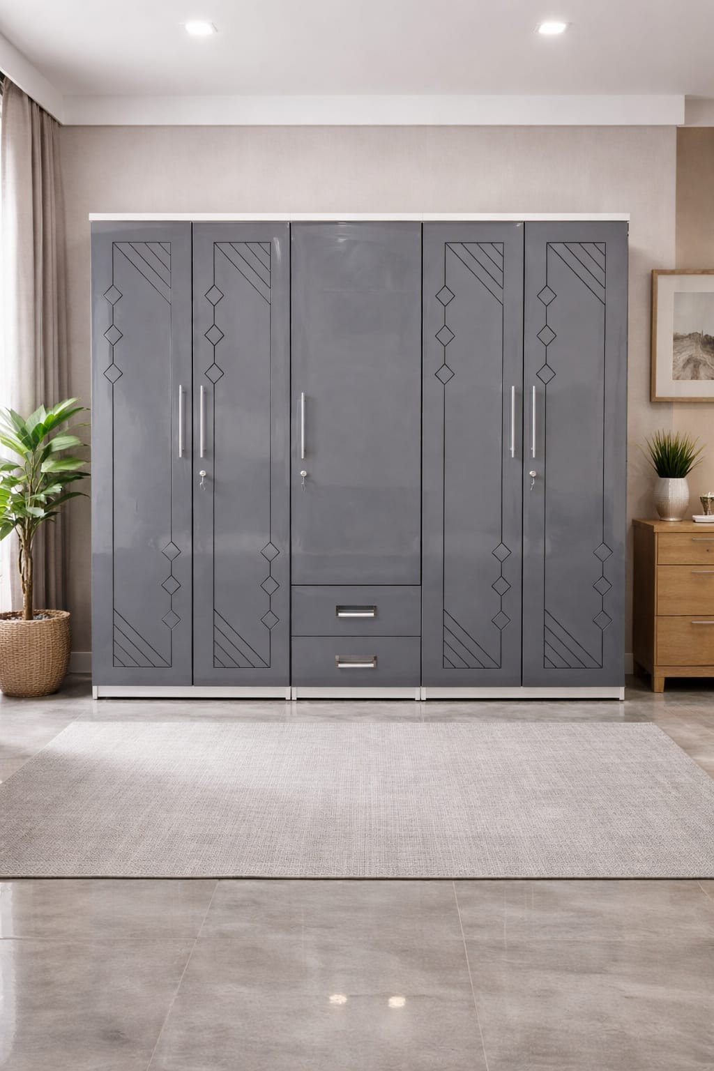 Modern 5-Door High-Gloss Wardrobe with Geometric Detailing