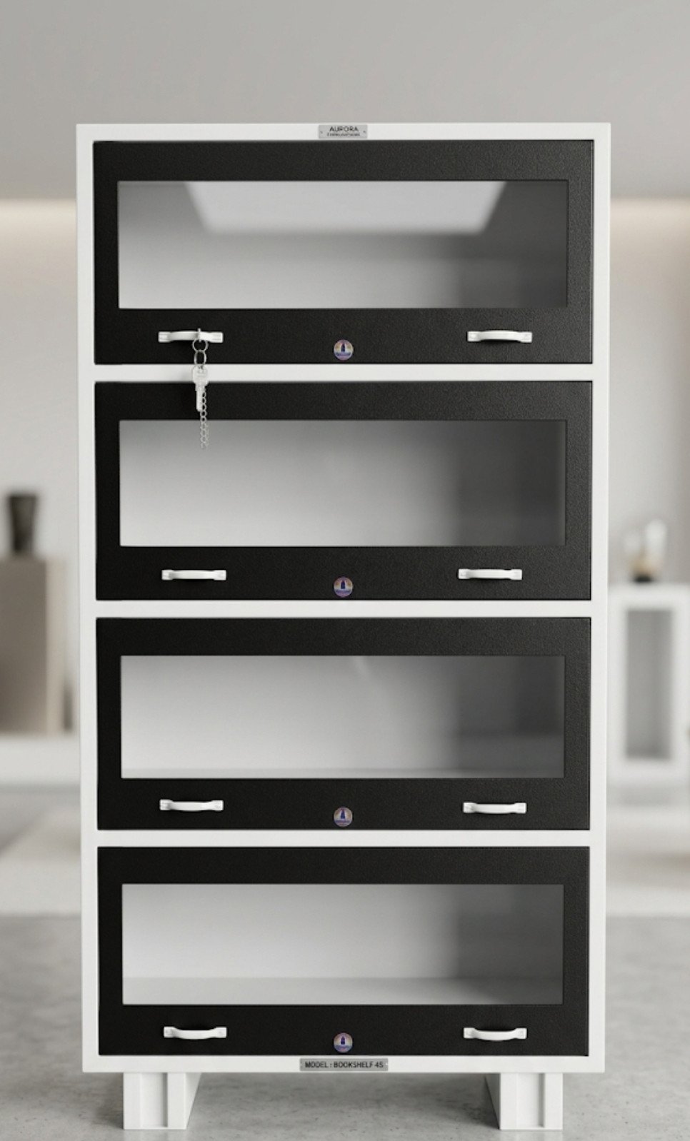 Modern 4-Door Glass Metal Almirah / Bookcase