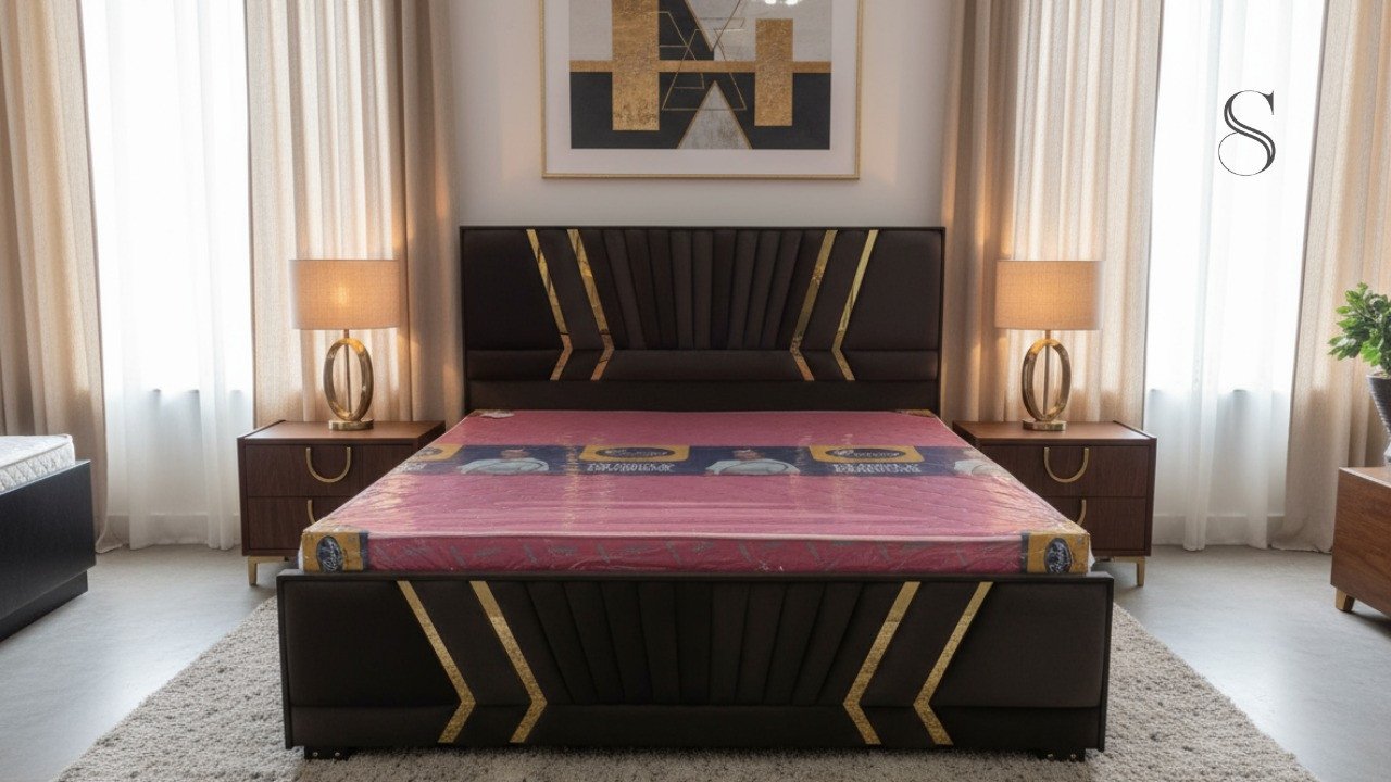 Modern Luxury Bed with Gold Chevron Inlays