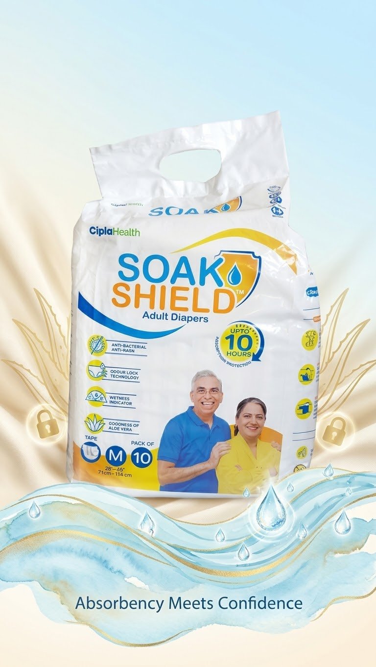 Cipla Health Soak Shield Adult Diapers (Tape Style) – Medium (M) | Pack of 10