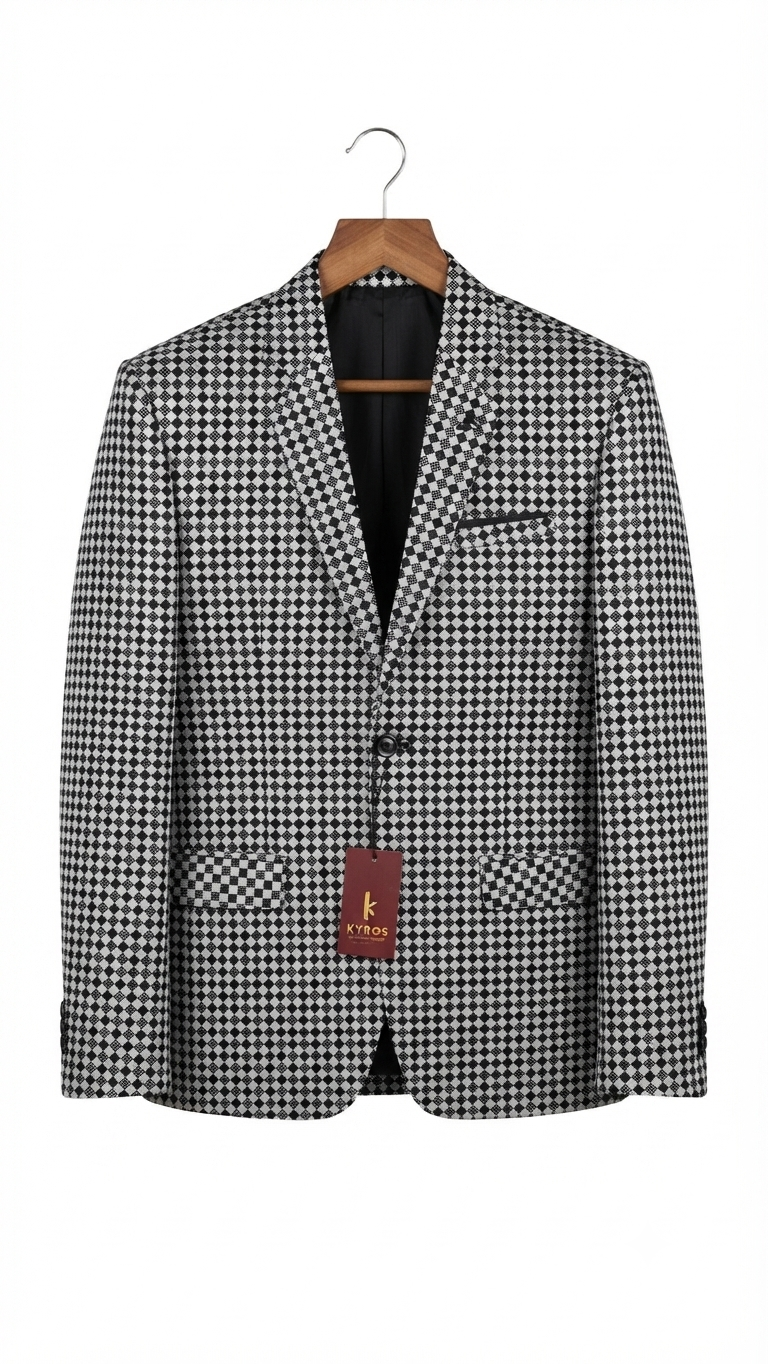 Kyros Men’s Black and White Checked Formal Blazer
