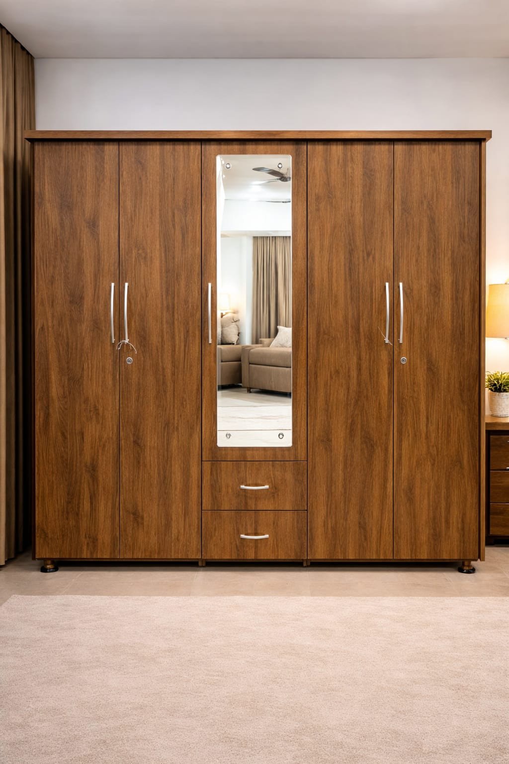 Classic Wood Finish 4-Door Wardrobe with a Central Mirror and Drawers