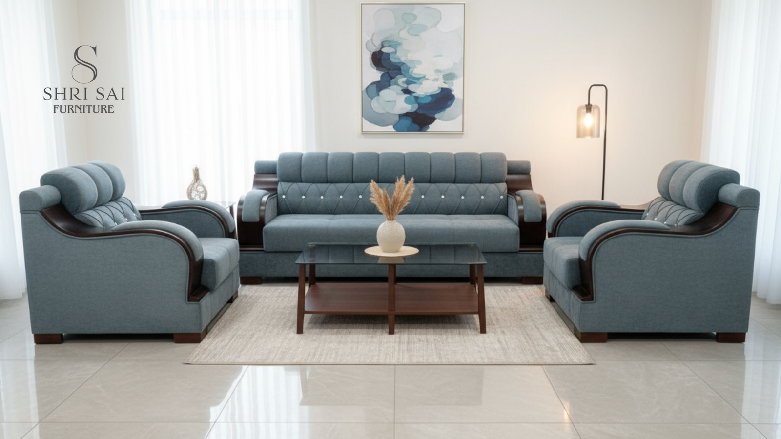 Shri Sai Furniture 'Pacific' Premium 5-Seater Slate-Blue Sofa Set