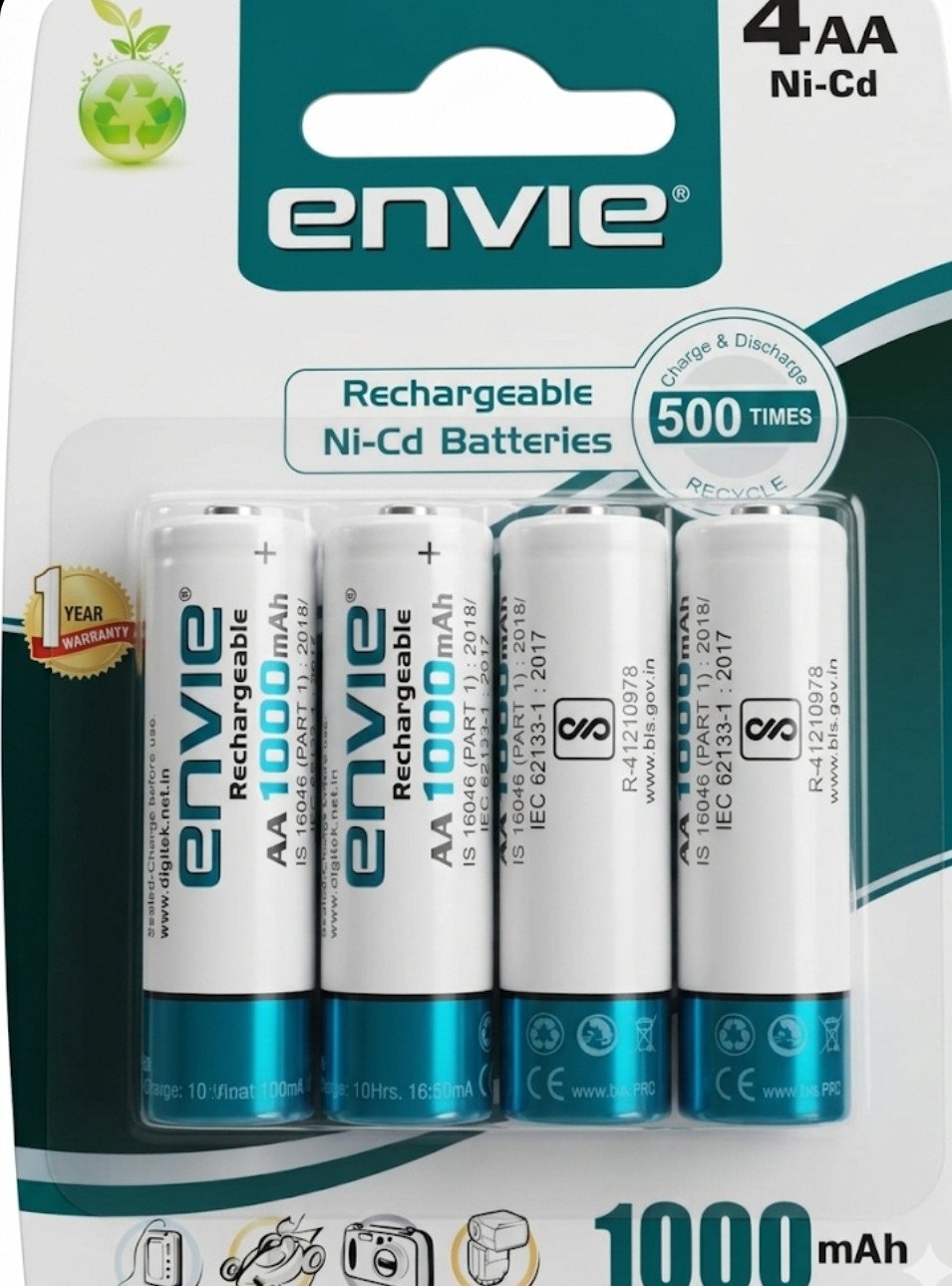 Envie Rechargeable Ni-Cd AA Batteries