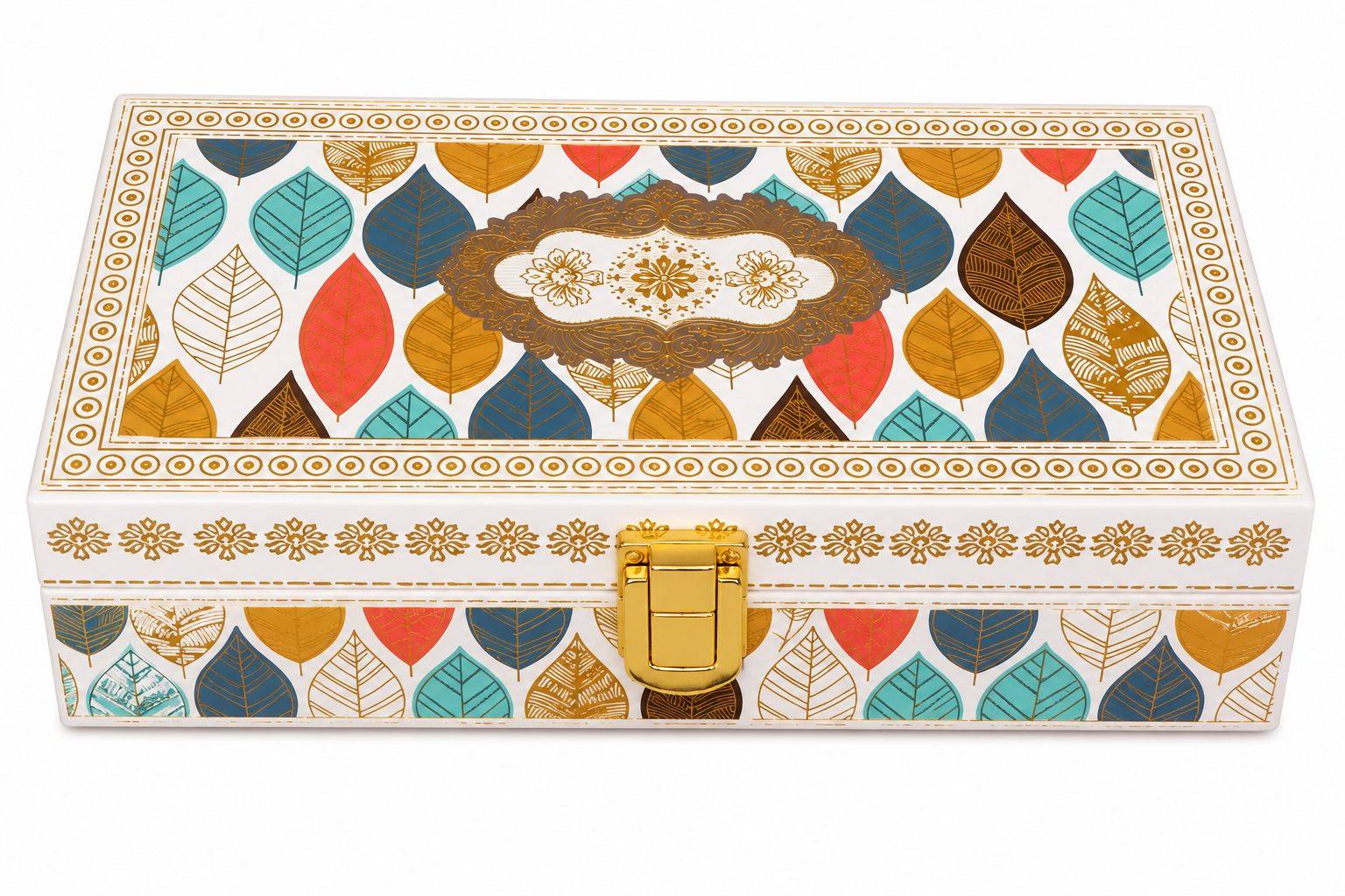 Elegant Leaf Print Cash Box with Lock