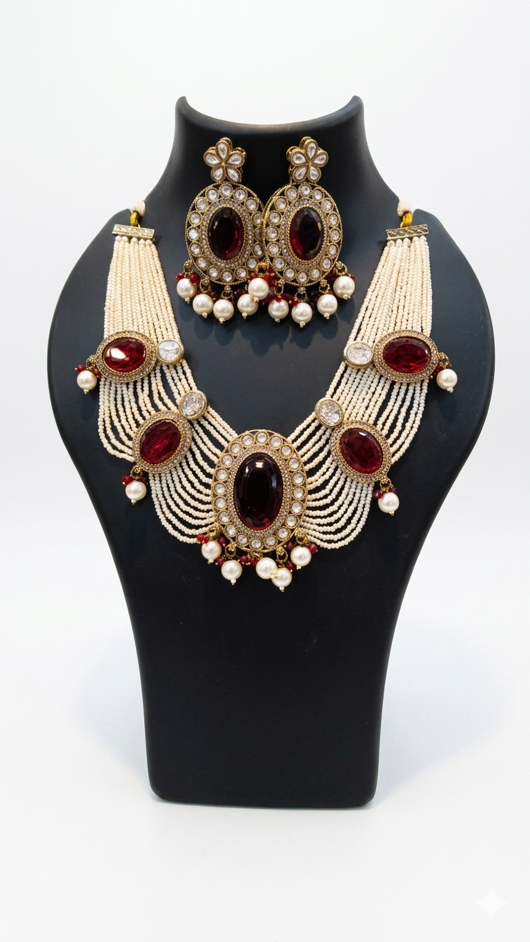 pearl jewelry set with deep red accents