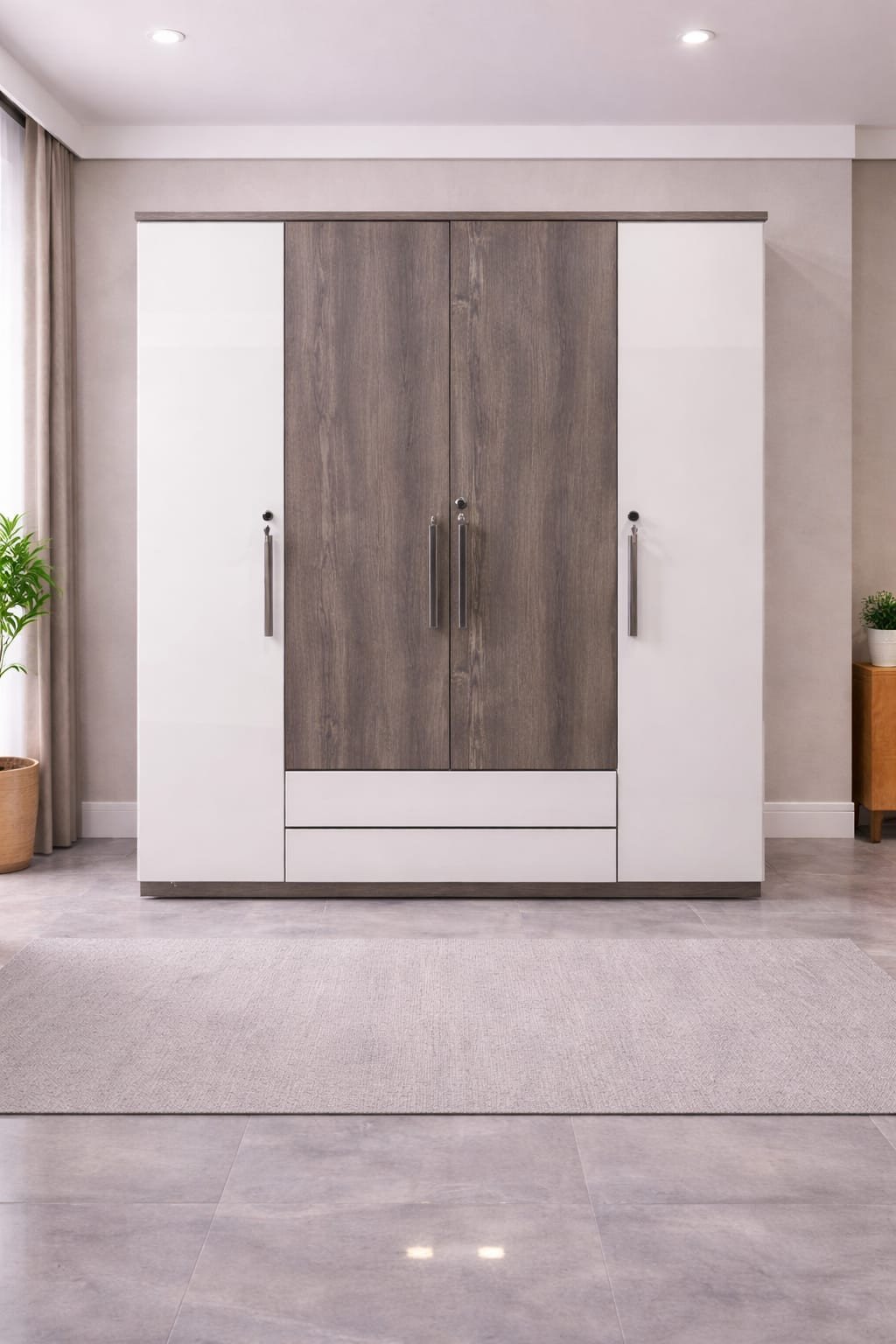 Nordic Dual-Tone 4-Door Wardrobe with Integrated Drawers
