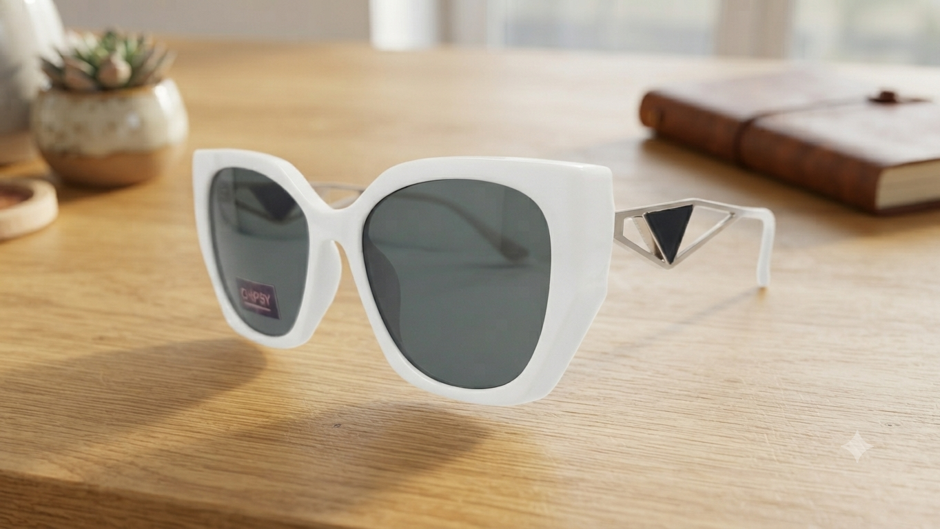 CHIPSY White Geometric Cat-Eye Sunglasses with Decorative Temples