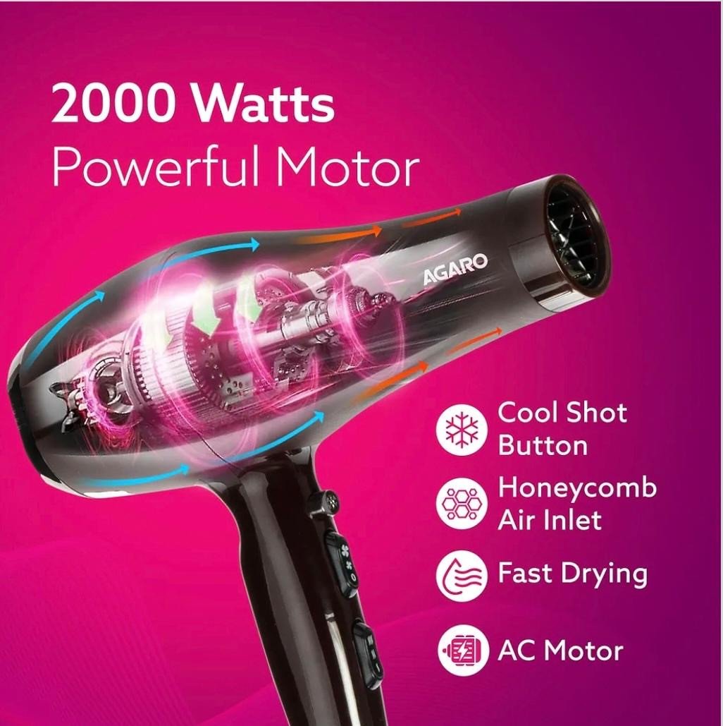 AGARO HD-1120 2000W AC Professional Hair Dryer with Comb, Concentrator & Diffuser Nozzles