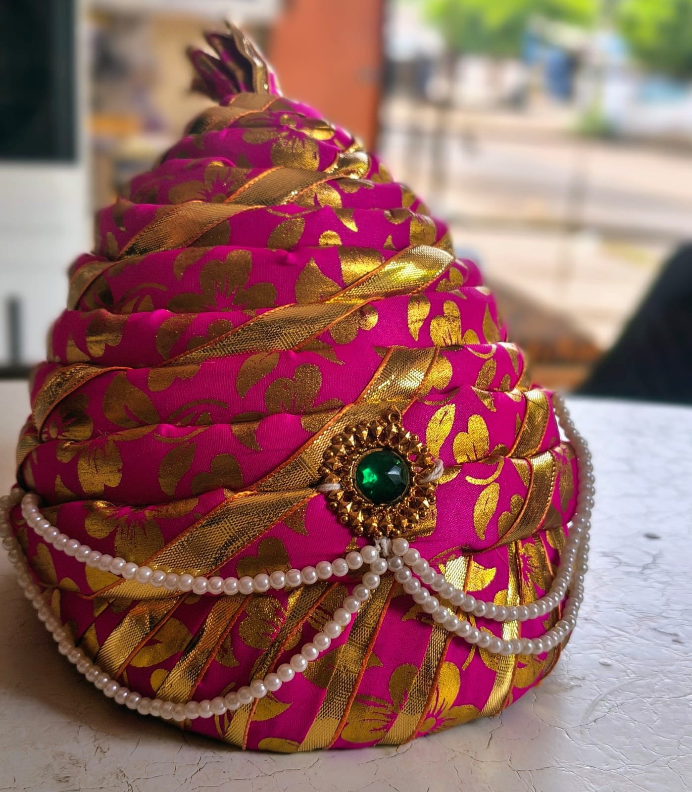 Royal Magenta and Gold Chhatrapati Shivaji Maharaj Style Turban / Pagri / Pheta (Available on Rent)