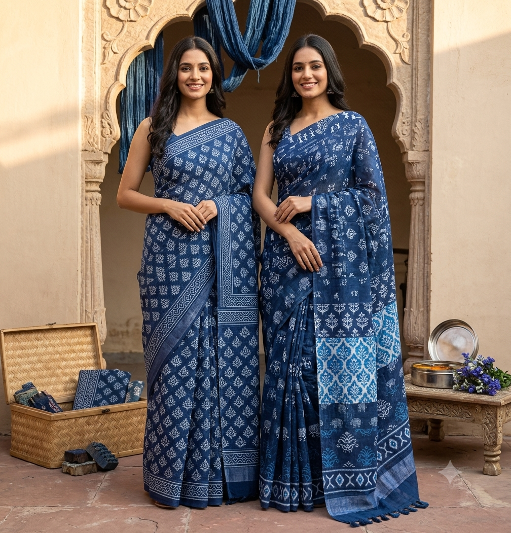 Traditional Indigo Blue Block-Print Designer Saree Set