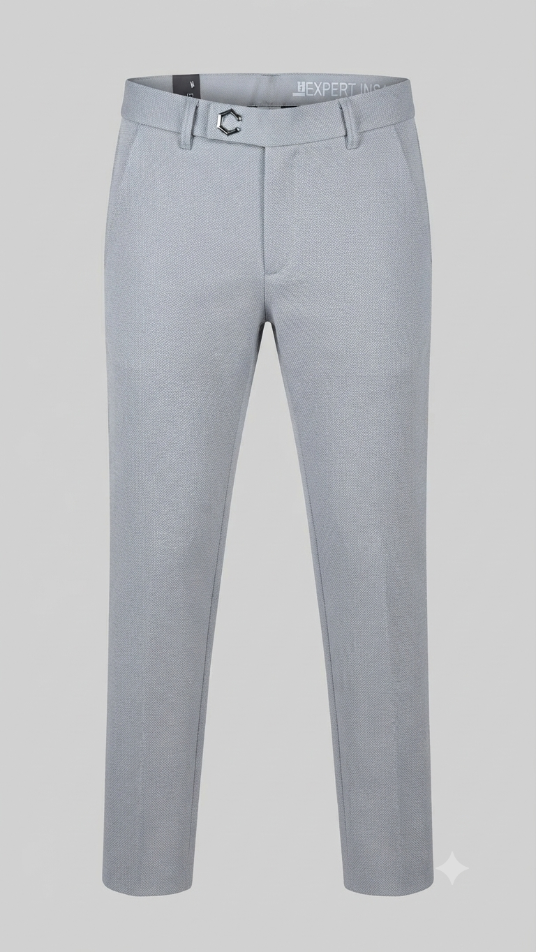 Men's Light Grey Textured Slim-Fit Formal Trousers