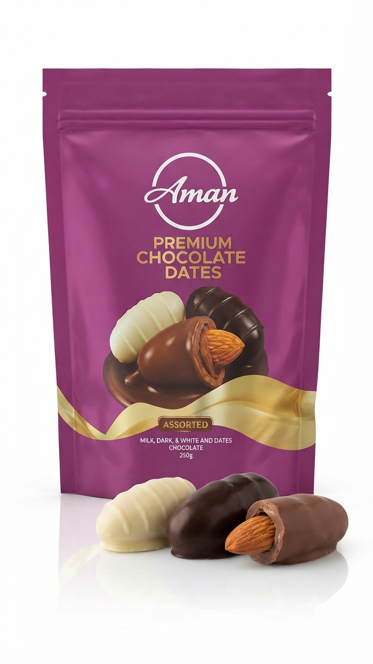 Aman Premium Assorted Chocolate Dates (Milk, Dark & White Chocolate Coated, 250g)