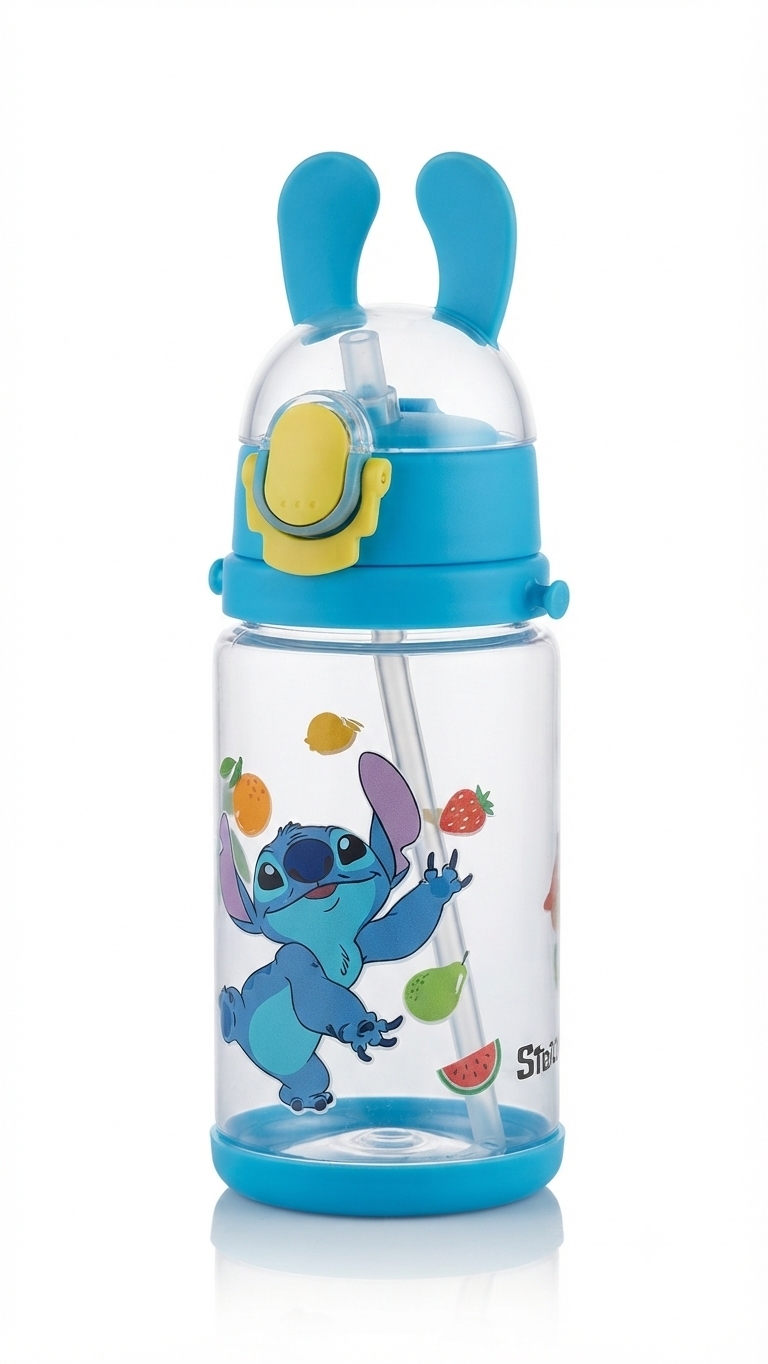 Kids Cartoon Character Water Bottle with Straw & Bunny Ears Lid – BPA-Free Leak-Proof Sipper Bottle for School & Travel