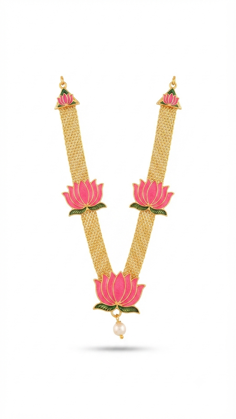 Pink Lotus Motif Gold-Tone Deity Necklace