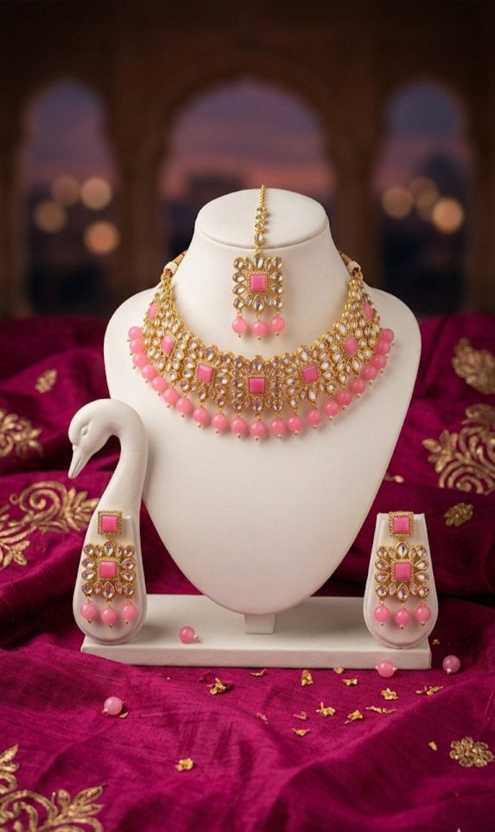 Elegant Rose Pink Kundan Choker & Maang Tikka Set