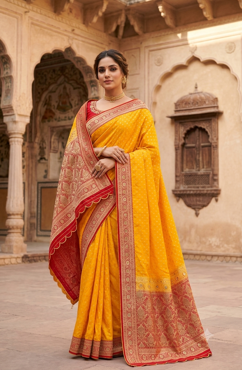 Traditional Yellow & Red Bandhani Banarasi Silk Designer Saree with Heavy Zari Border