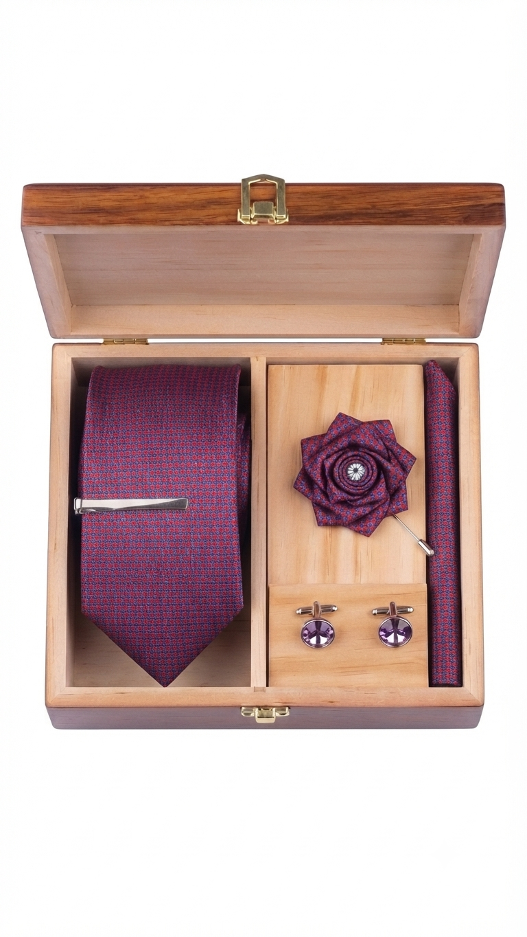 Crimson and Navy Micro-Pattern Formal Accessory Set with Wooden Presentation Box