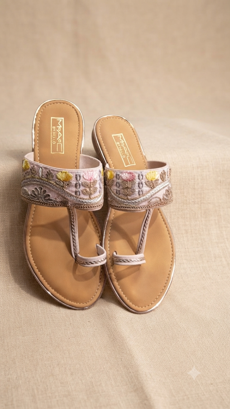 MohaC "Floral Bloom" Embroidered T-Strap Kolhapuri-Style Sandals