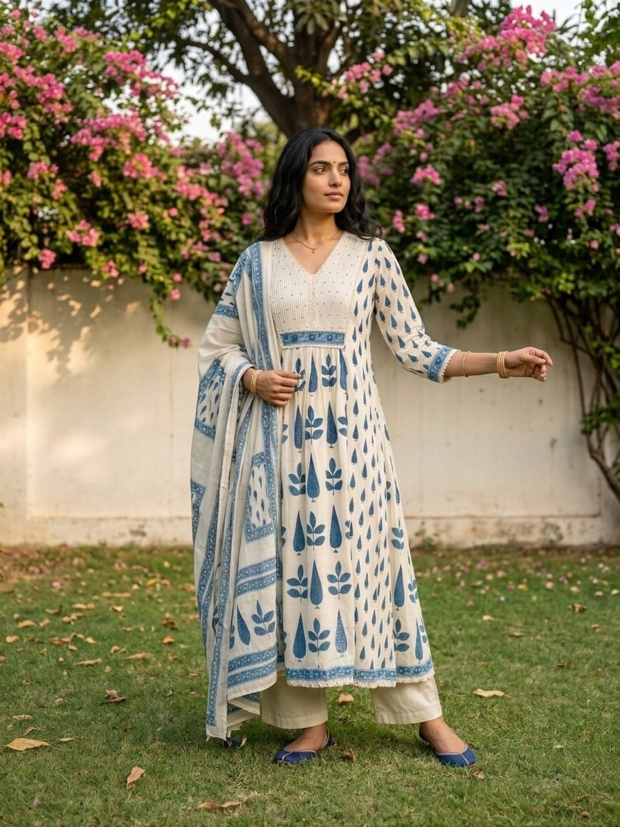 Pure Mull Cotton Anarkali Kurty Pant dupatta